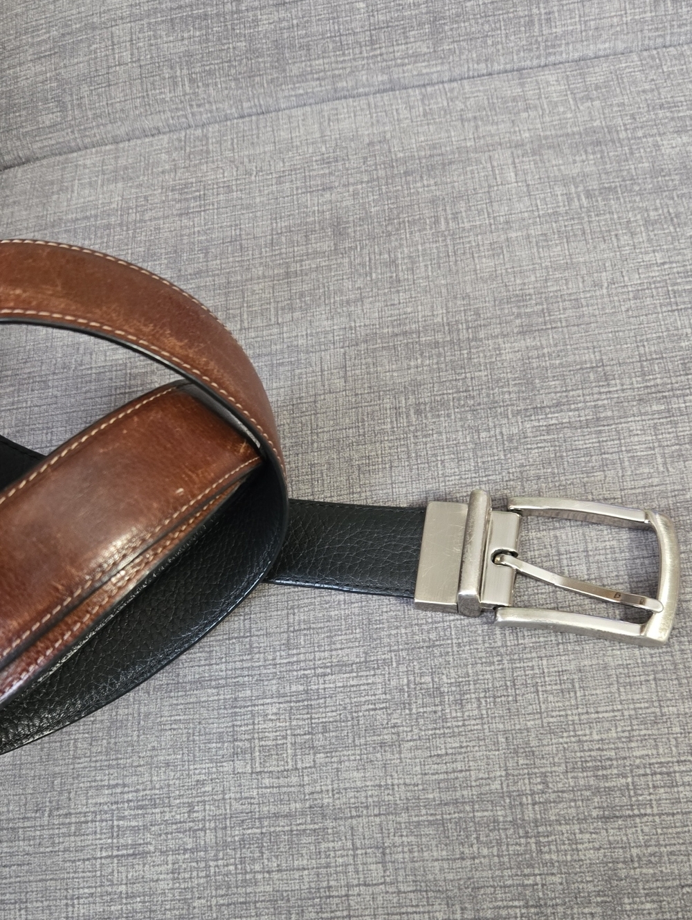 Reversible Brown and Black Leather Men's Belt with Silver Buckle